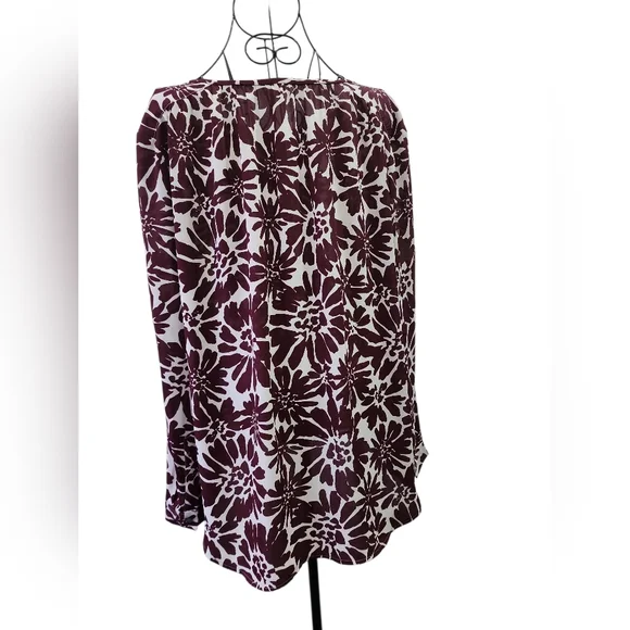 LOFT Floral Blouse Women Sz XL Burgundy Long Sleeve Casual Workwear Preppy Flowy - Picture 9 of 9